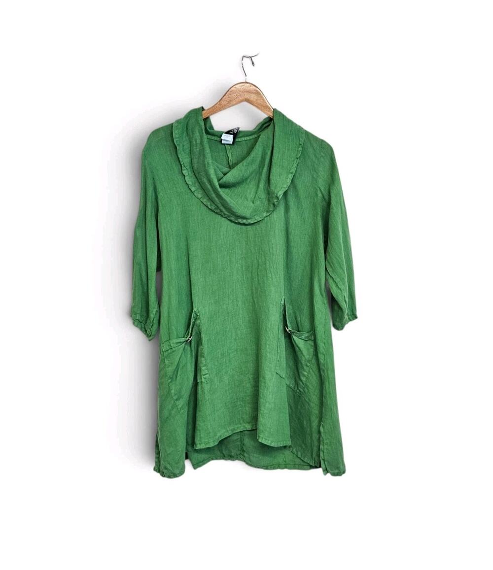 Match Point USA Green Linen Cowl Neck Lagenlook 3/4 Sleeve Tunic Top Size Medium